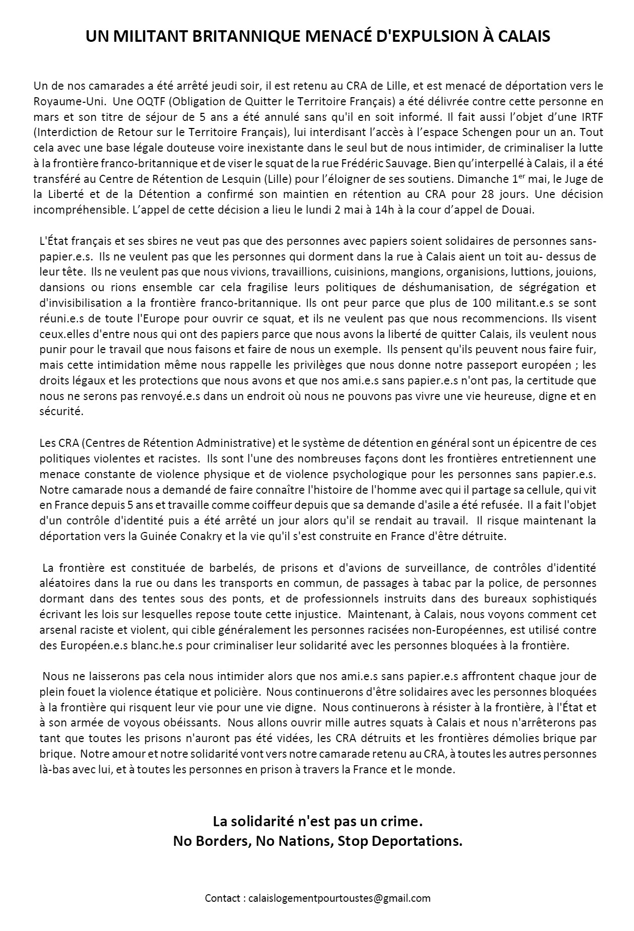 Communiqué du collectif Calais Logement pour Toustes du 2 mai 2022