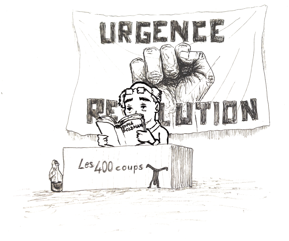 Dessin noir et blanc de Philippe Poutou dans sa librairie