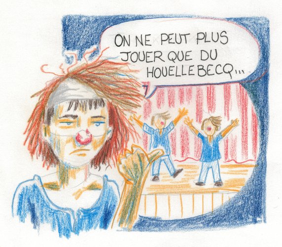 Dessin humoristique d'une pièce de théâtre de Michel Houellebecq